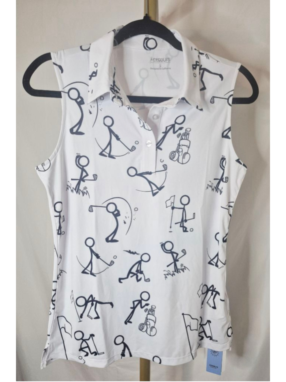 Women's ACEGOLFS White Black Golf Stick Figure Sleeveless Polo S